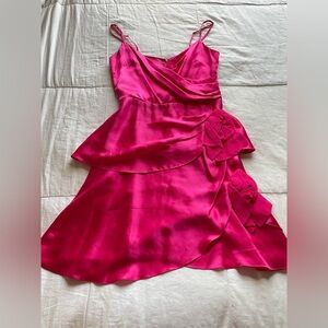 Betsey Johnson Y2K Hot Pink Silk Ruffle Floral Appliqué Mini Dress 8 Hoco Barbie